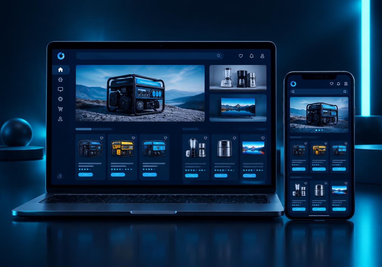Empress E-Shop storefront with generators, appliances and TVs on laptop and phone